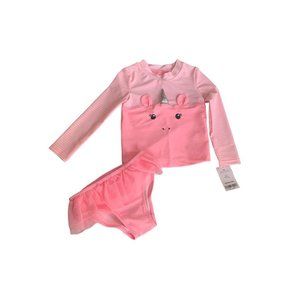 2T Carter's Girls 2 Piece Pink Unicorn Swimsuit Long Sleeve Rashguard UPF 50+ Pr